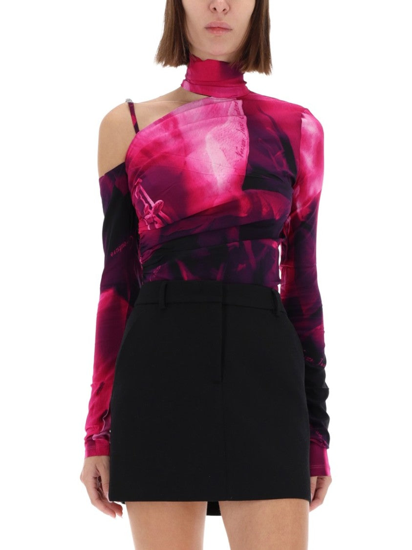 Versace Jeans Couture Pink One-Shoulder Abstract Bodysuit