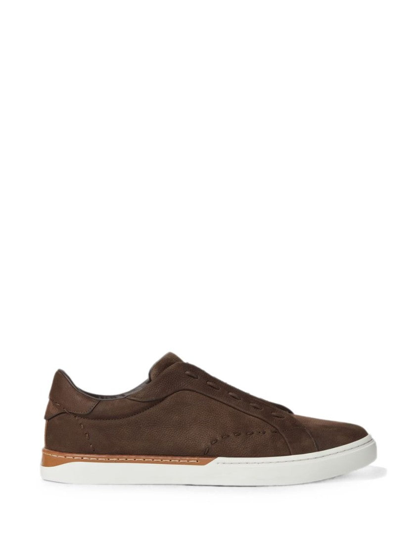Fendi Dark Brown Slip-On Leather Contrasting Sole Sneakers