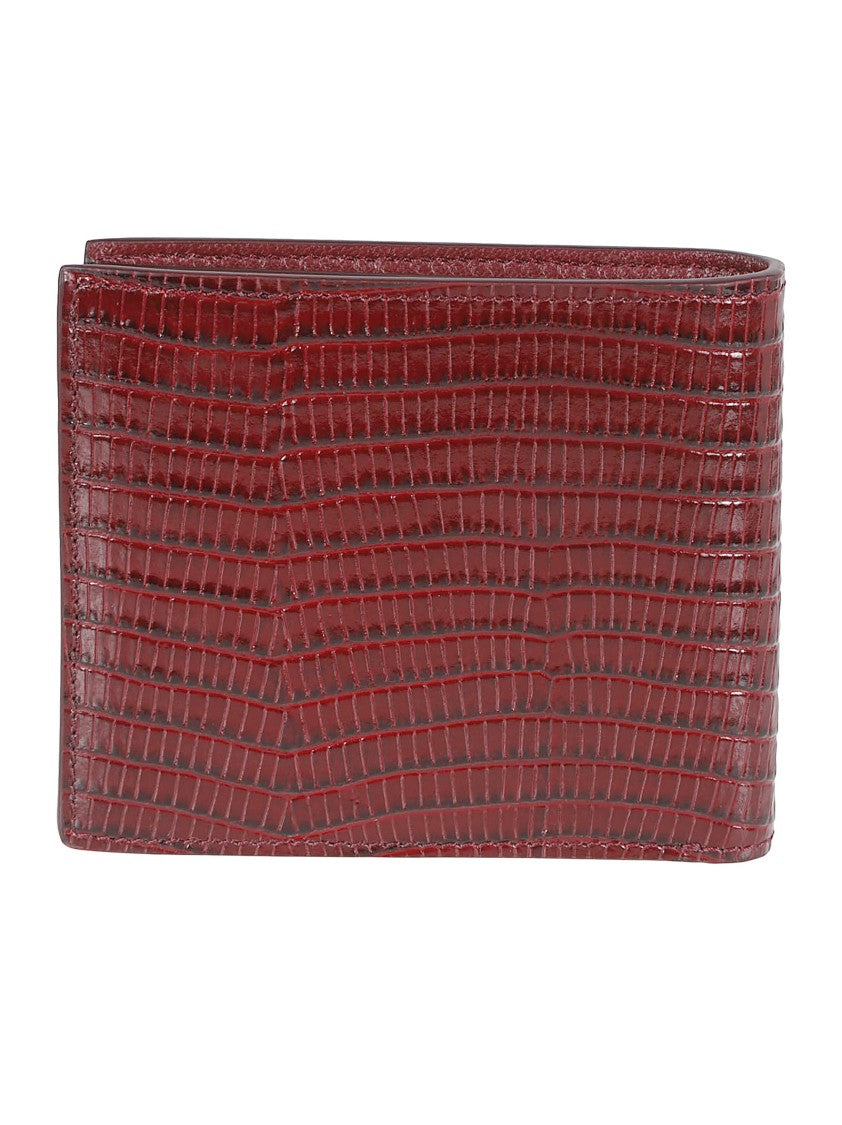 Tom Ford Textured Bifold Wallet In Glossy Deep Red Calf Leather