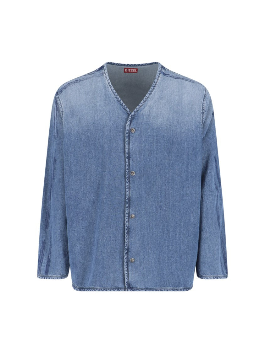 Diesel Denim Shirt With V-Neckline And Bold Back Graphic