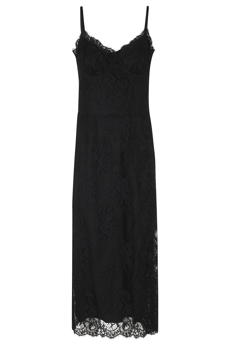Dolce & Gabbana Black Sweetheart Neck Scalloped Hems Cotton-Blend Midi Dress