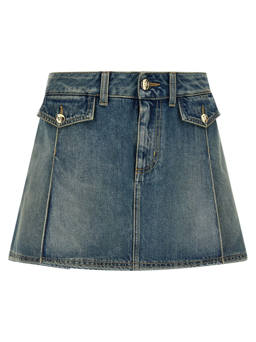 Mcqueen Flounced Delavé Cotton Denim Mini Skirt