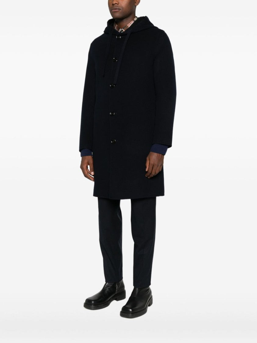 Lardini Classic Black Virgin Wool Coat With Hood And Front Button Fastening