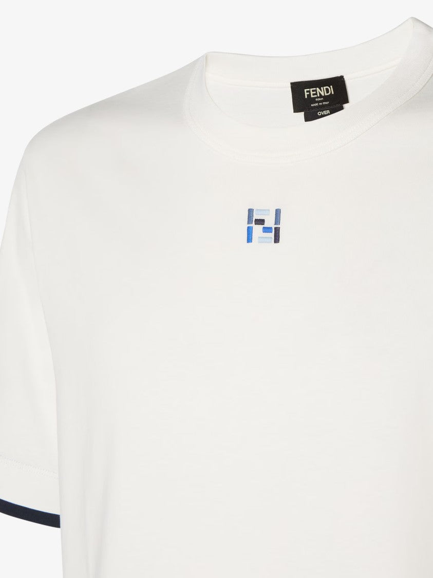 Fendi Boxy-Fit White T-Shirt With Navy Blue Trim And Geometric Logo