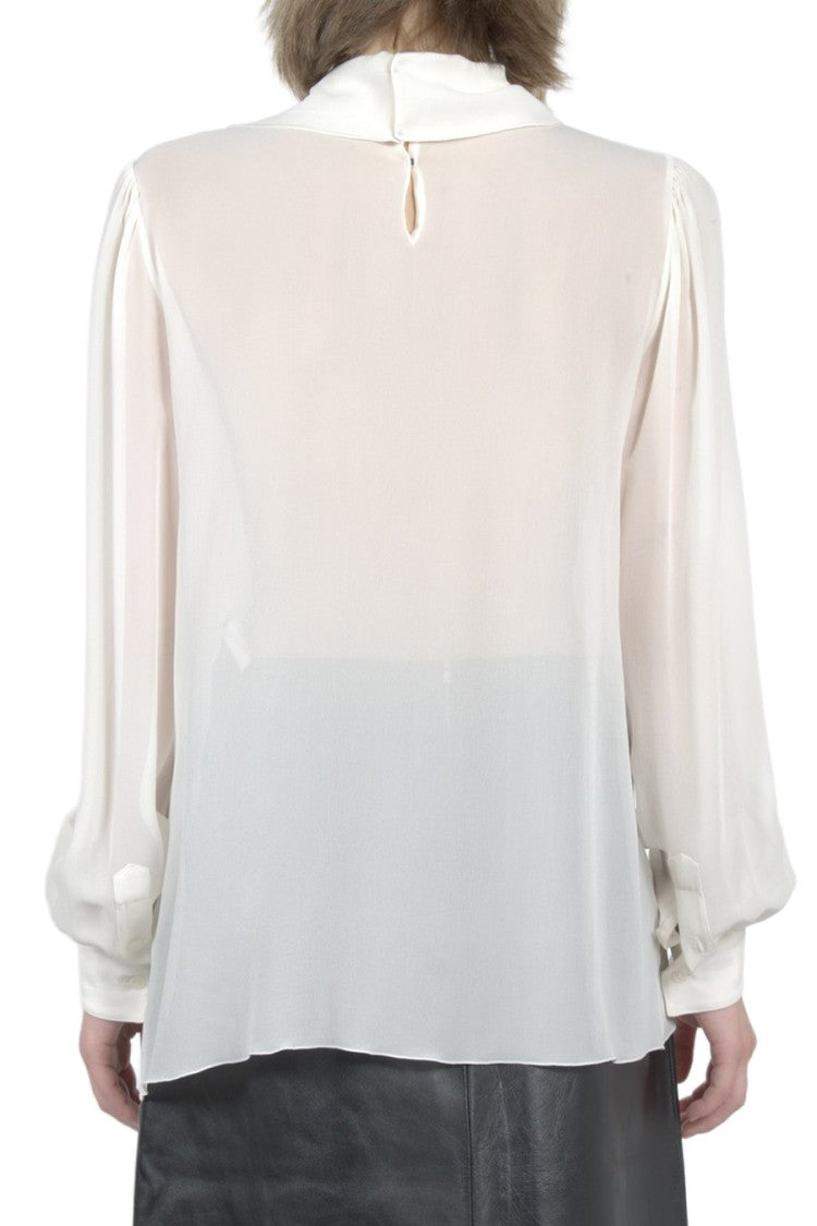 Dolce & Gabbana White Silk Ruffle-Front Tie-Neck Blouse