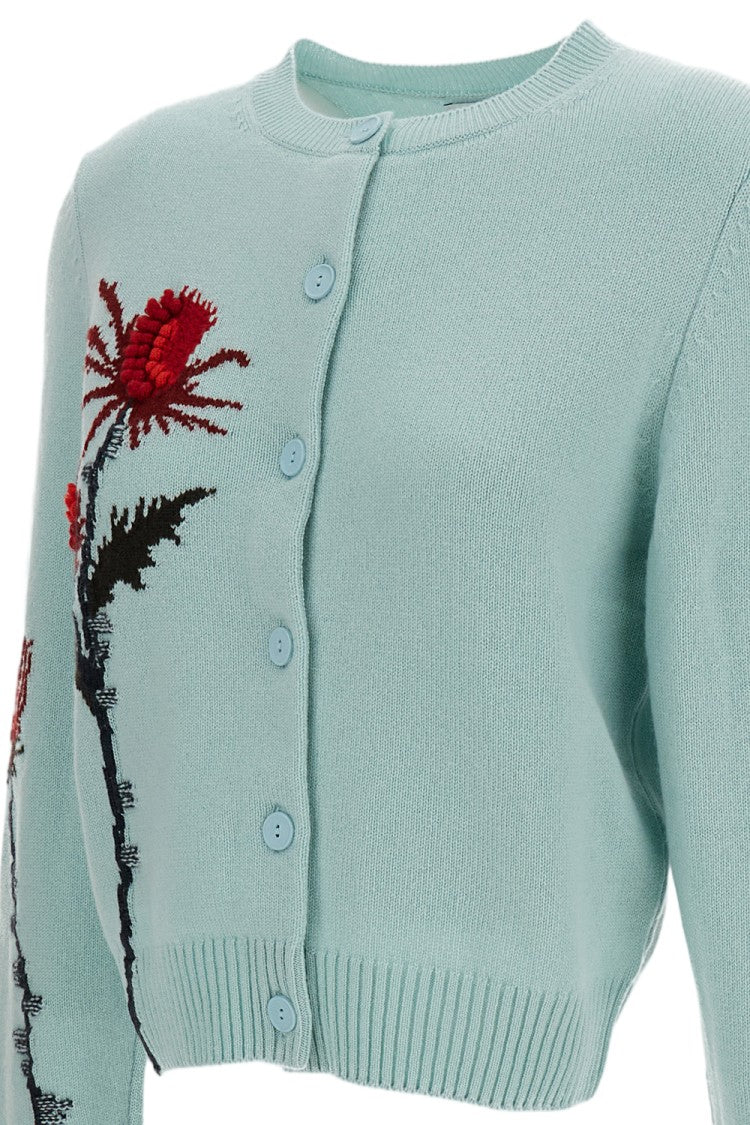 Barrie Turquoise/Multicolor Thistle Motif Cashmere Cardigan