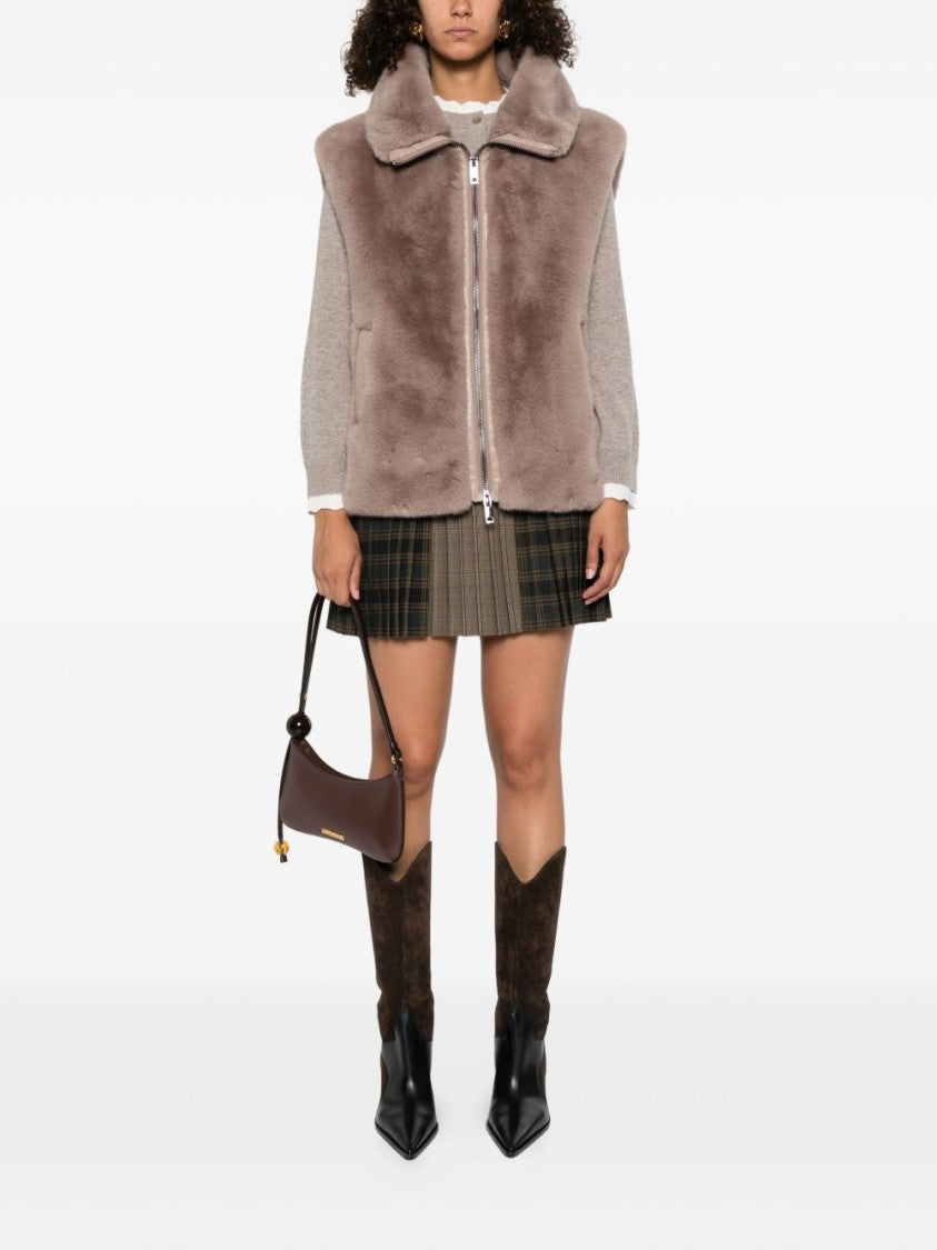 Pinko Beige Faux Fur Vest With High Collar