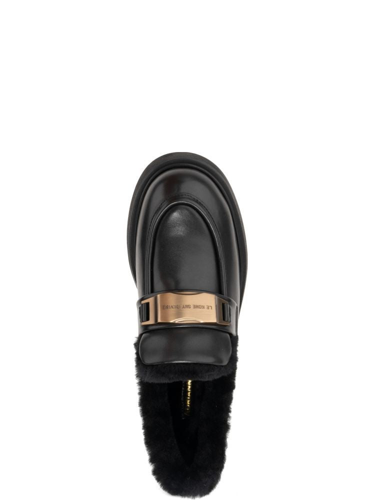 Adrianna Feretti Black Rounded Toe Chunky Sole Metallic Buckle Leather Loafers