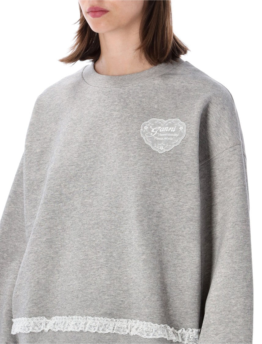 Ganni Relaxed Fit Fleece Crewneck With Lace Trim
