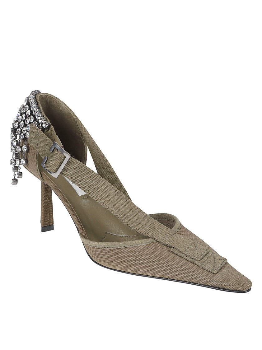 Prada Pointed-Toe Slingback Pumps With Crystal Embellishments