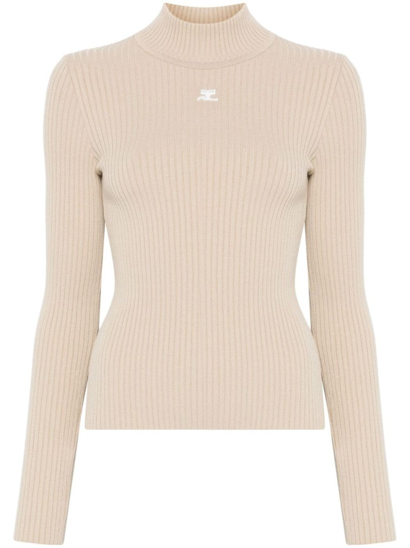 Courrèges Ribbed Knit Sweater With Mock Neck And Distinctive Logo