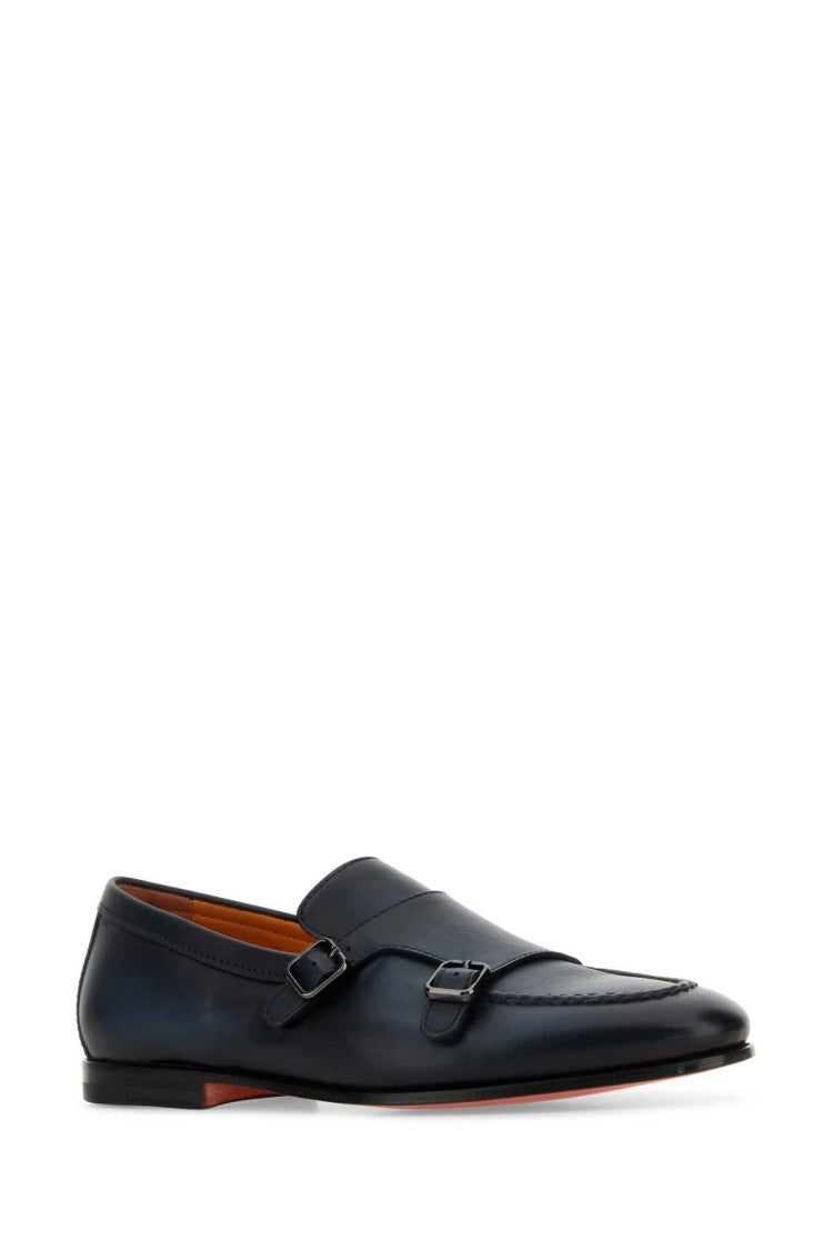 Santoni Midnight Blue Leather Dong Monk Strap Shoes