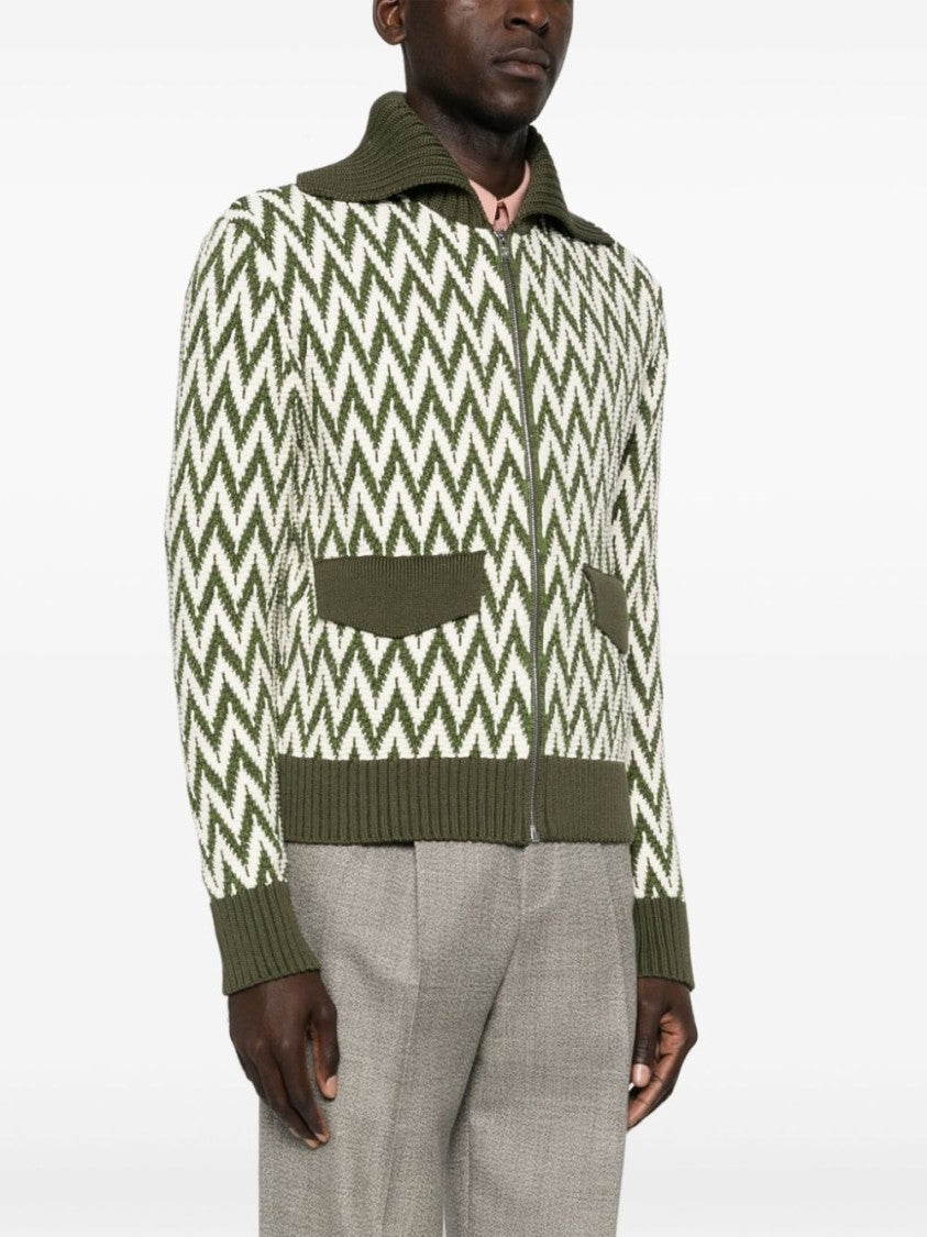 Lanvin Khaki And White Herringbone Pattern Cotton Sweater