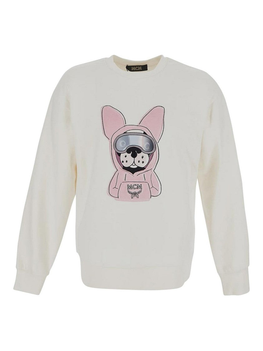 Mcm White Cotton Sweatshirt With Playful Dog Graphic