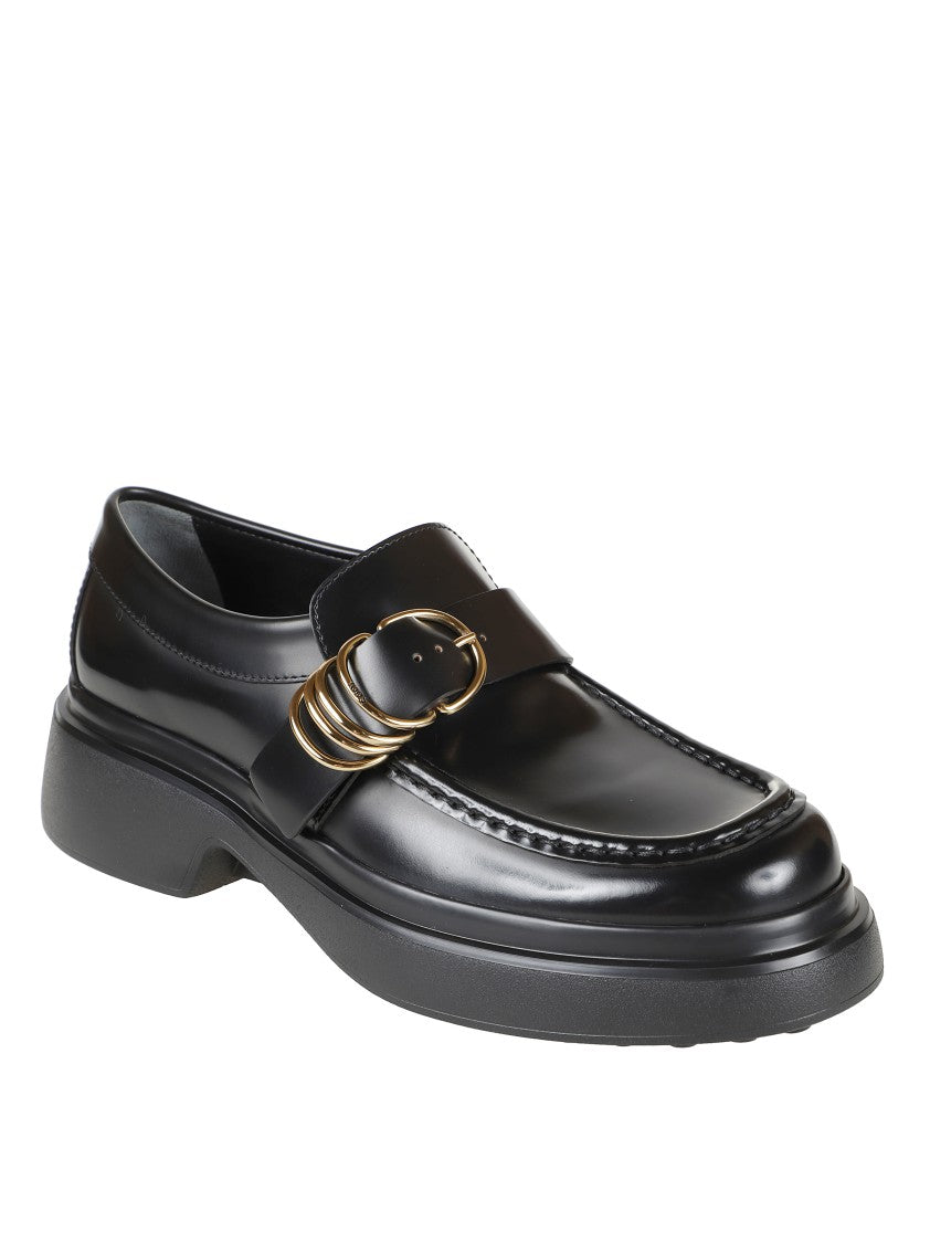 Tod's Rounded Toe Black Loafers With Buckle Detail