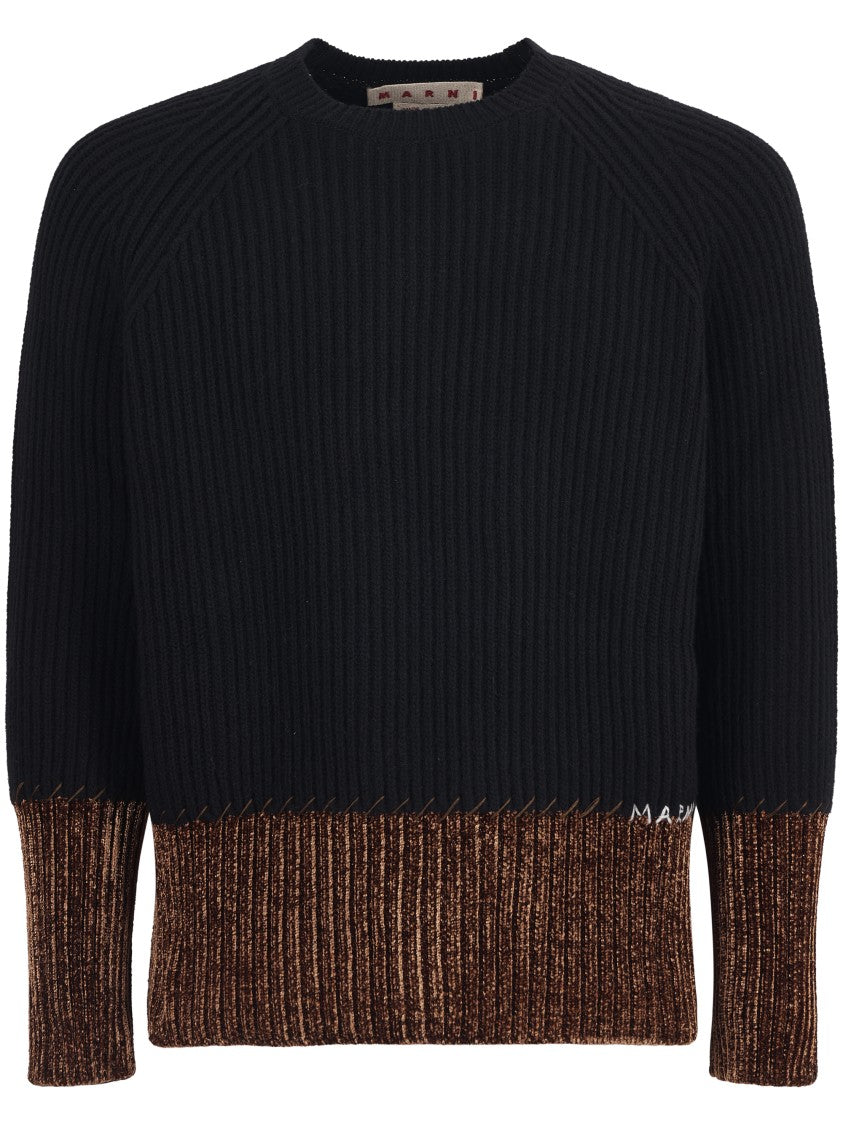 Marni Ribbed Knit Two-Tone Sweater With Contrasting Hem And Cuffs