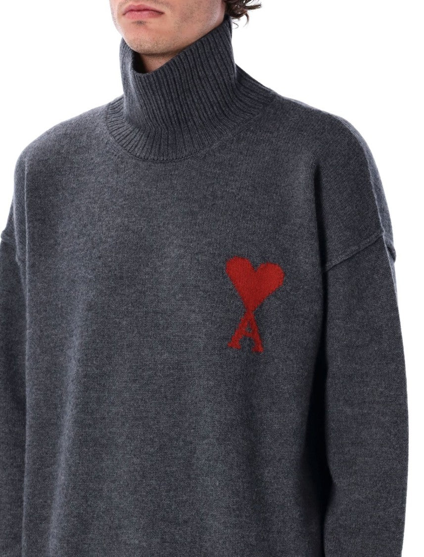 Ami Paris Ribbed High-Neck Wool Sweater With Heart Emblem