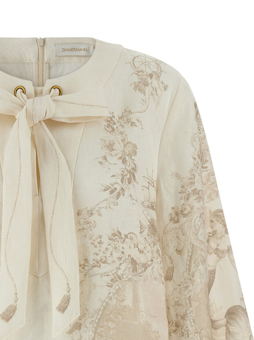 Zimmermann Mermaid Toile Patterned Linen Mini Tunic Dress With Flared Sleeves