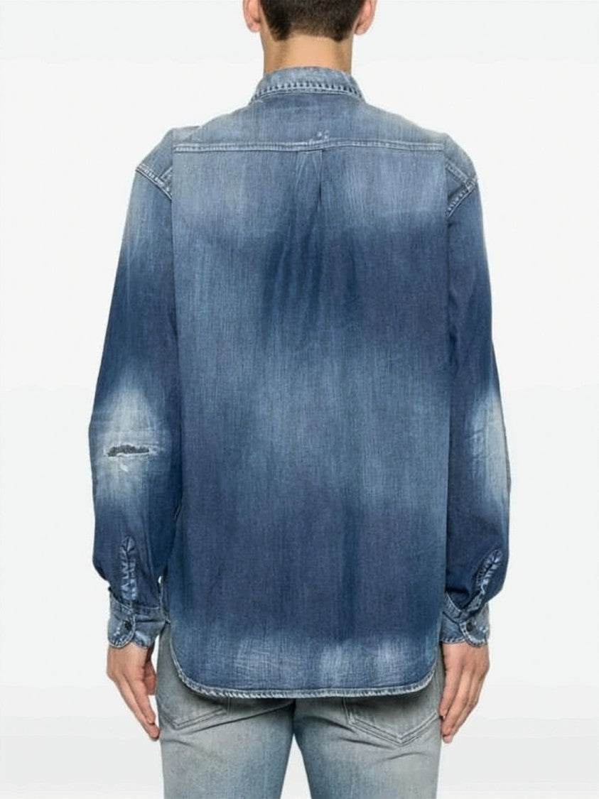 Dsquared2 Blue Long-Sleeve Distressed Wash Denim Shirt