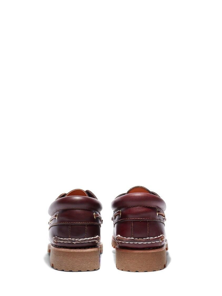 Timberland Burgundy Leather Boat Shoes With Moc Toe Stitching