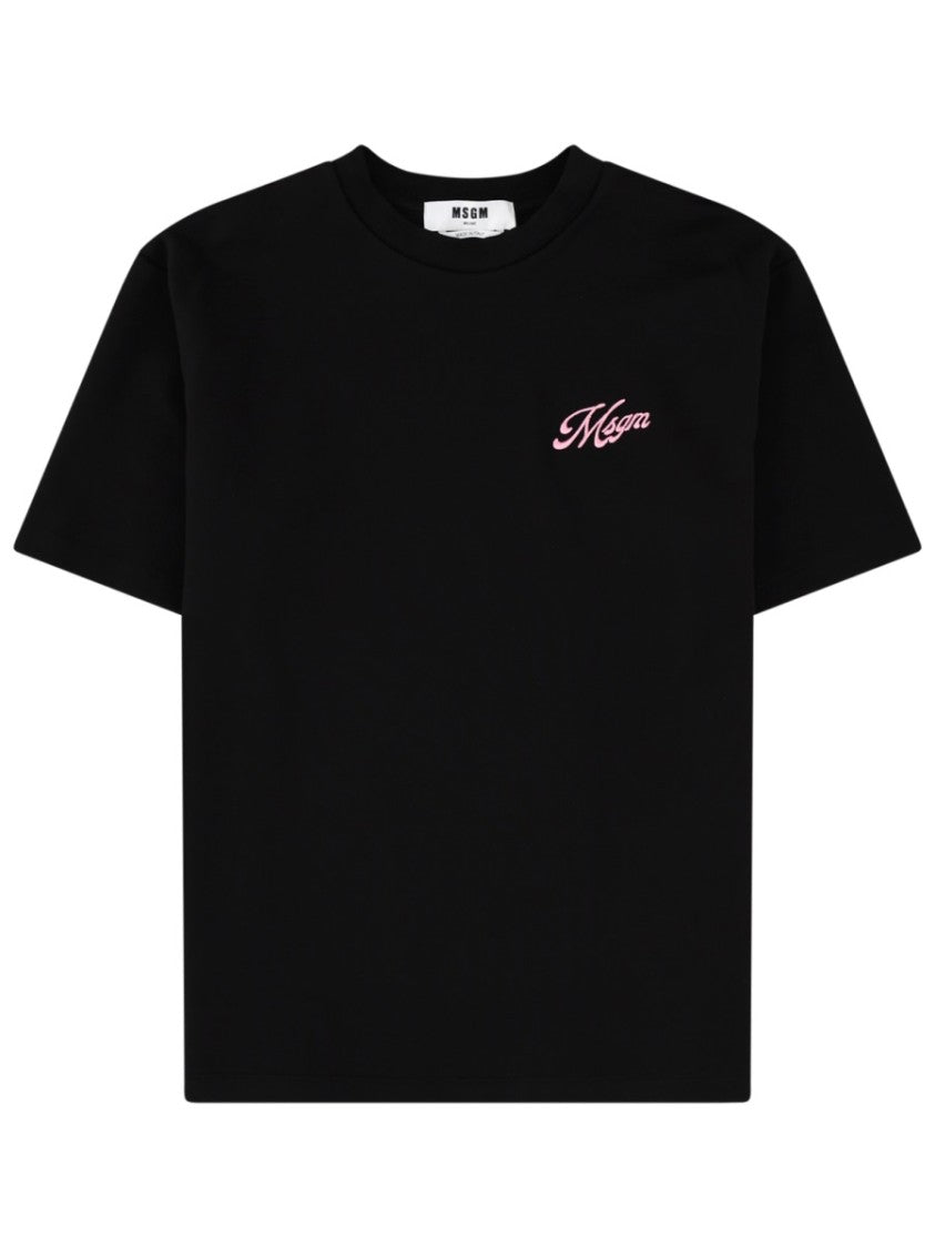 Msgm Black Logo Embroidered Cotton T-Shirt