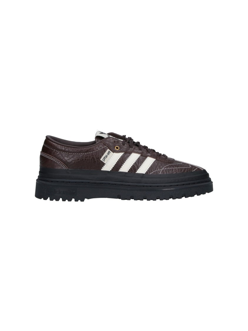 Adidas Textured Brown Leather Sneakers With Signature Three Stripes