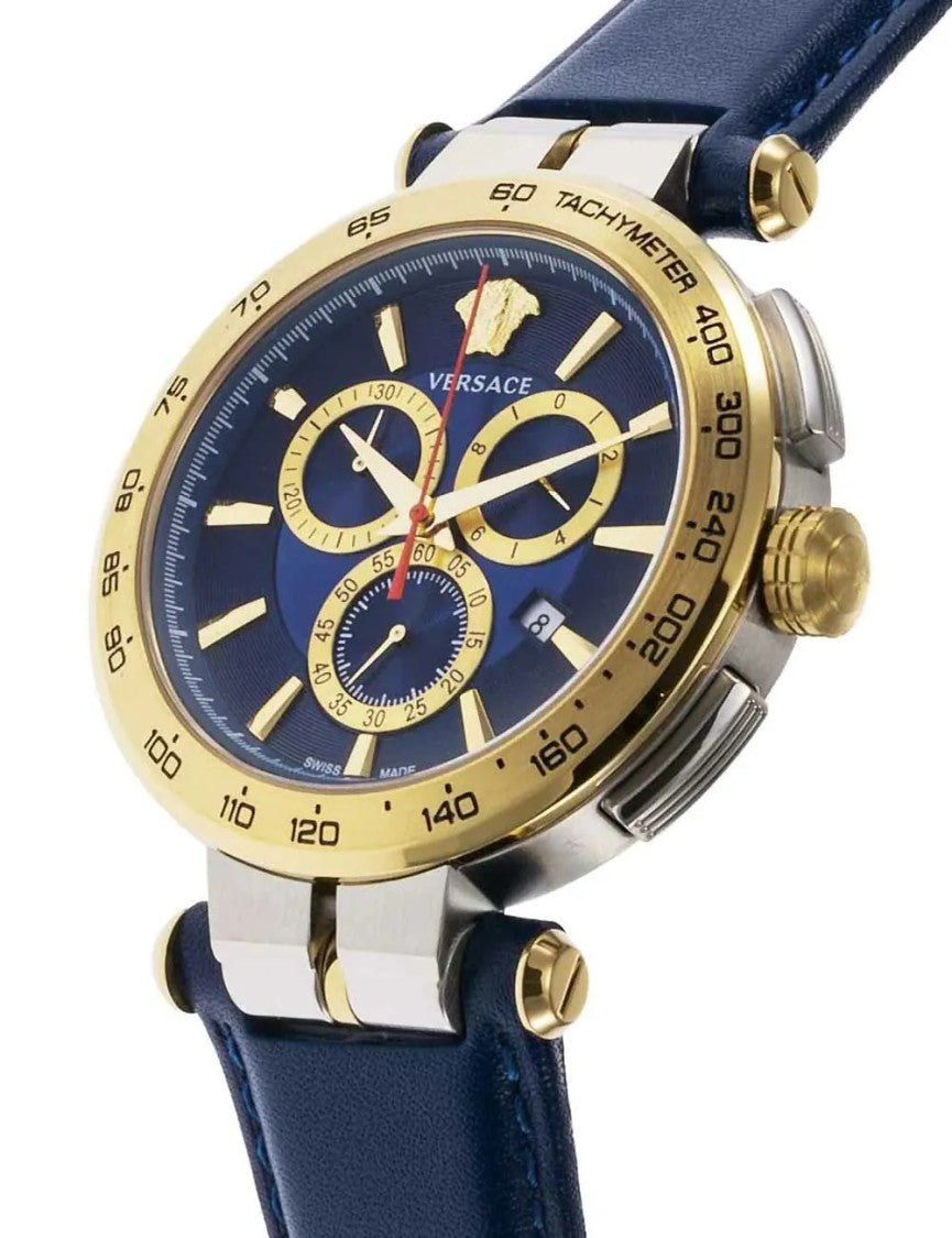 Versace Chronograph Watch With Blue Dial And Leather Strap