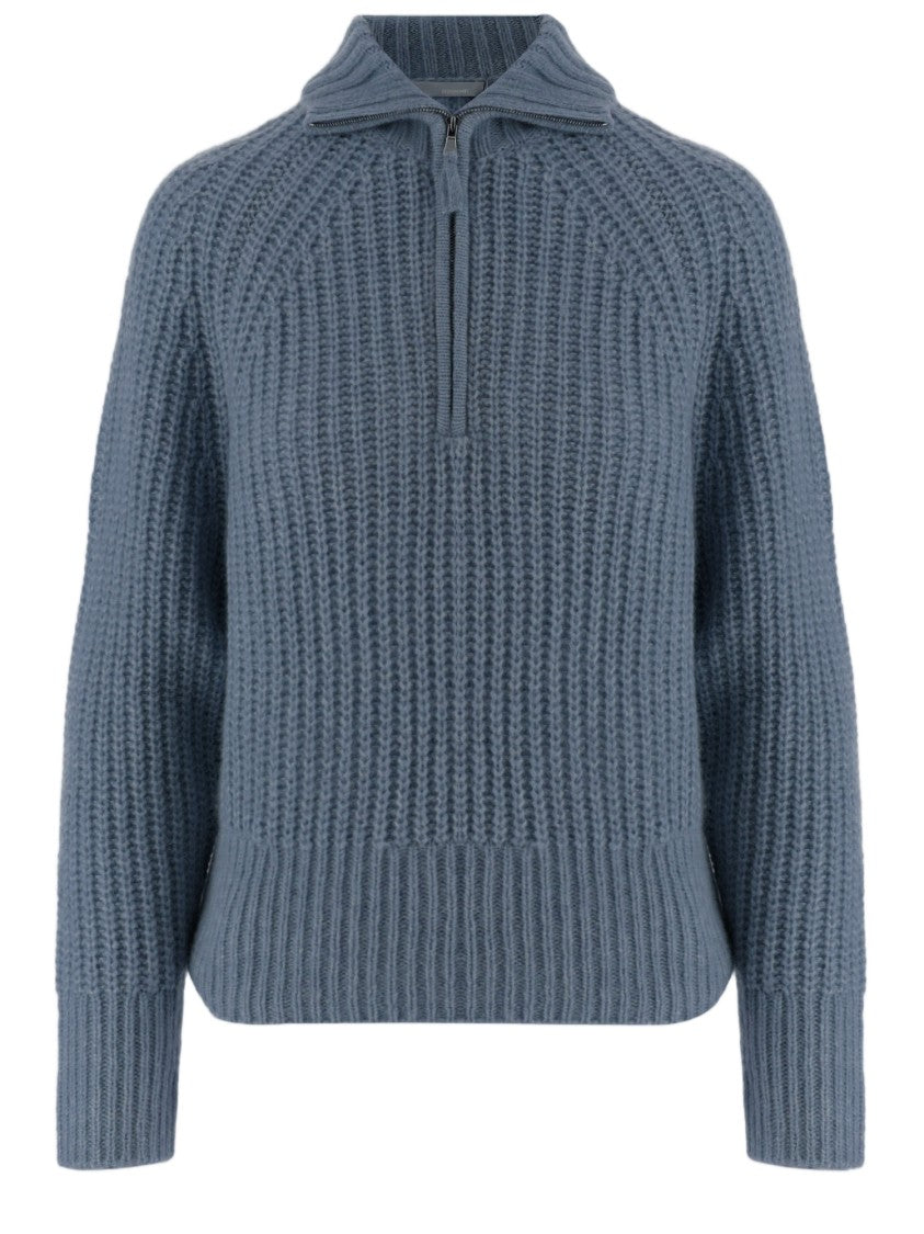 Allude Light Blue Zip Turtleneck Cashmere-Silk Sweater