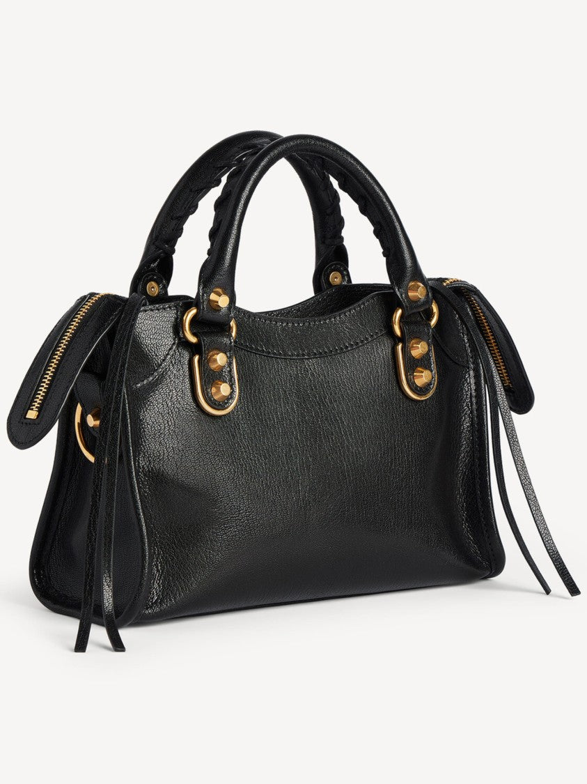 Balenciaga Structured Black Leather Mini Shoulder Bag With Gold Accents