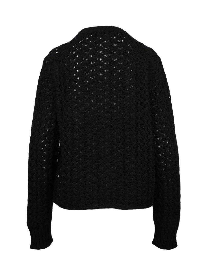 Jil Sander Black Cable Knit Crew Neck Wool Cardigan