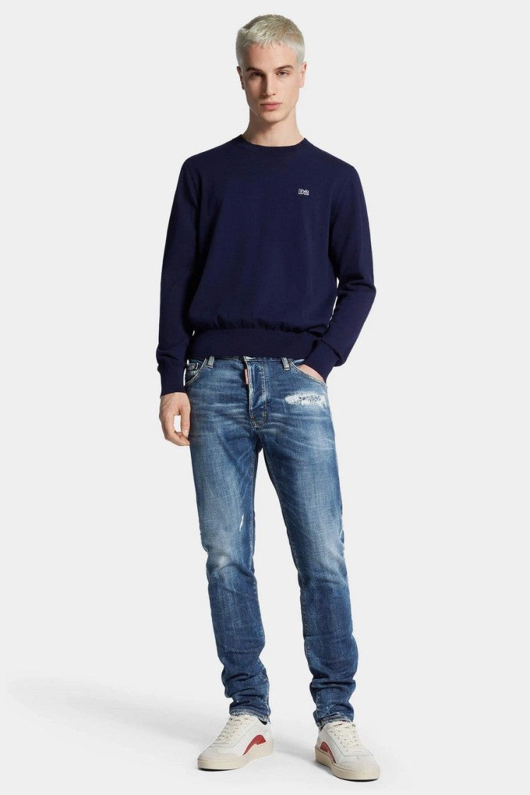 Dsquared2 Blue Whiskered Distressed Cotton-Blend Slim-Fit Jeans
