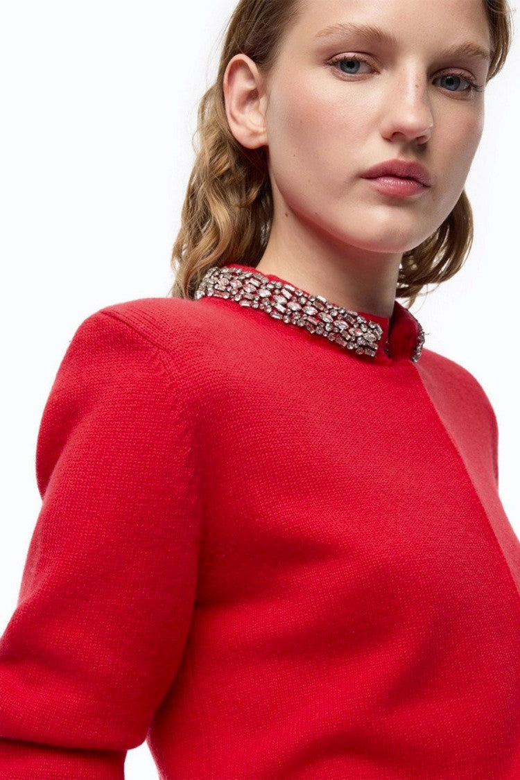 Pinko Red Embellished Collar Wool-Blend Cardigan