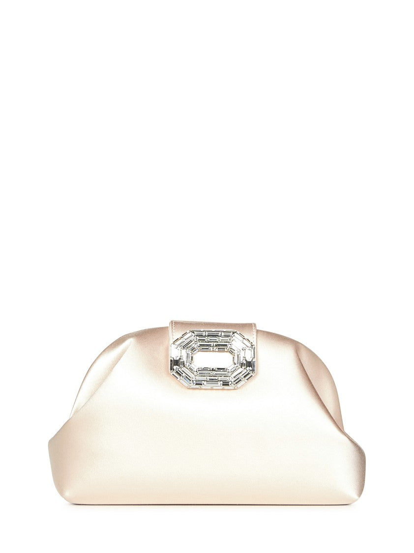Amina Muaddi Champagne Satin Clutch With Rectangular Mirrored Accent