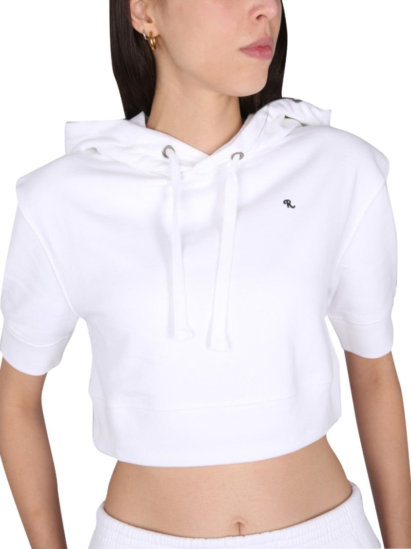 Raf Simons Cropped White Sweatshirt With Drawstring Hood