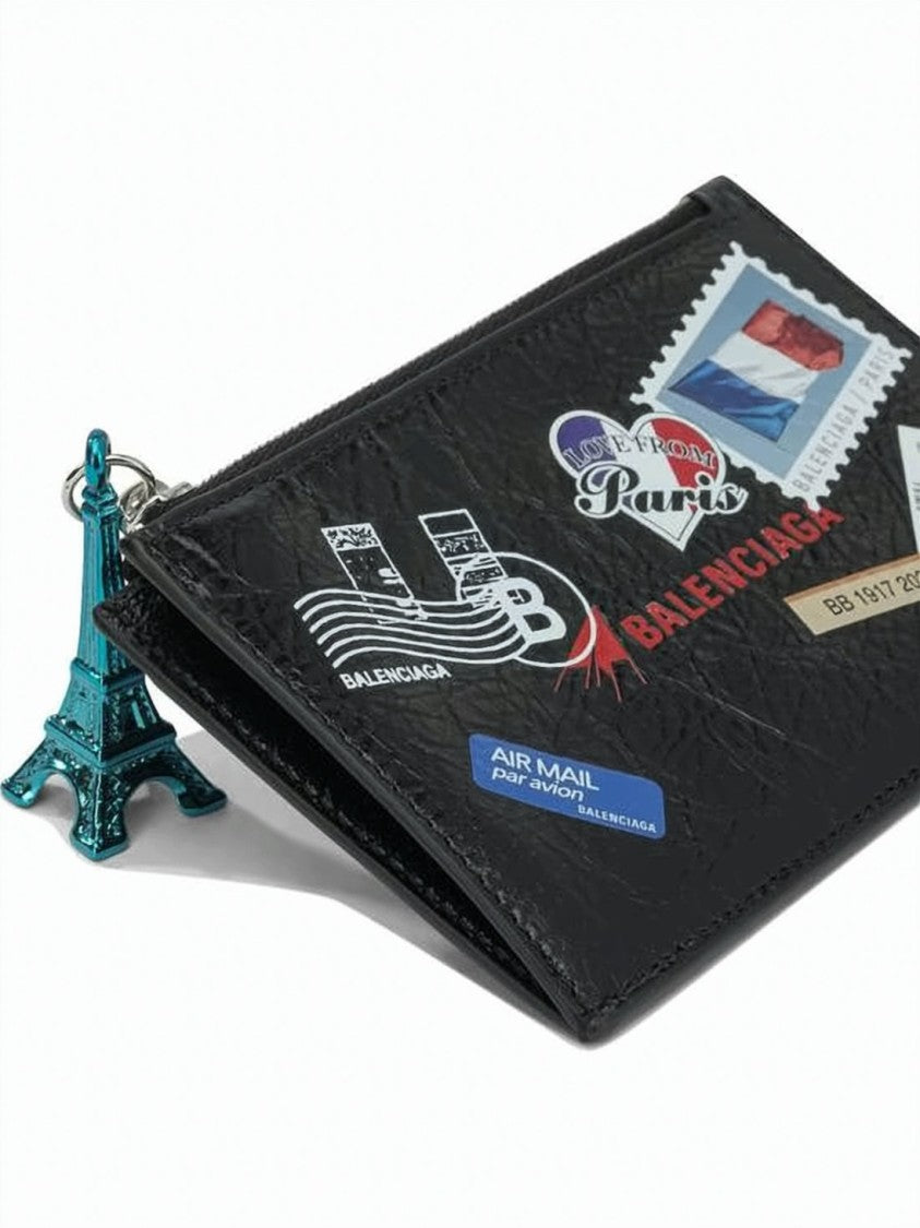 Balenciaga Textured Black Lambskin Cardholder With Travel-Themed Patches