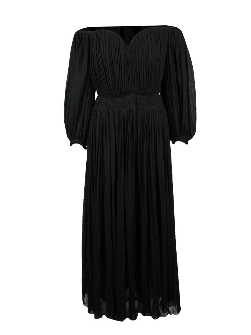 Chloé Gathered Black Virgin Wool Long Dress With Puff Sleeves
