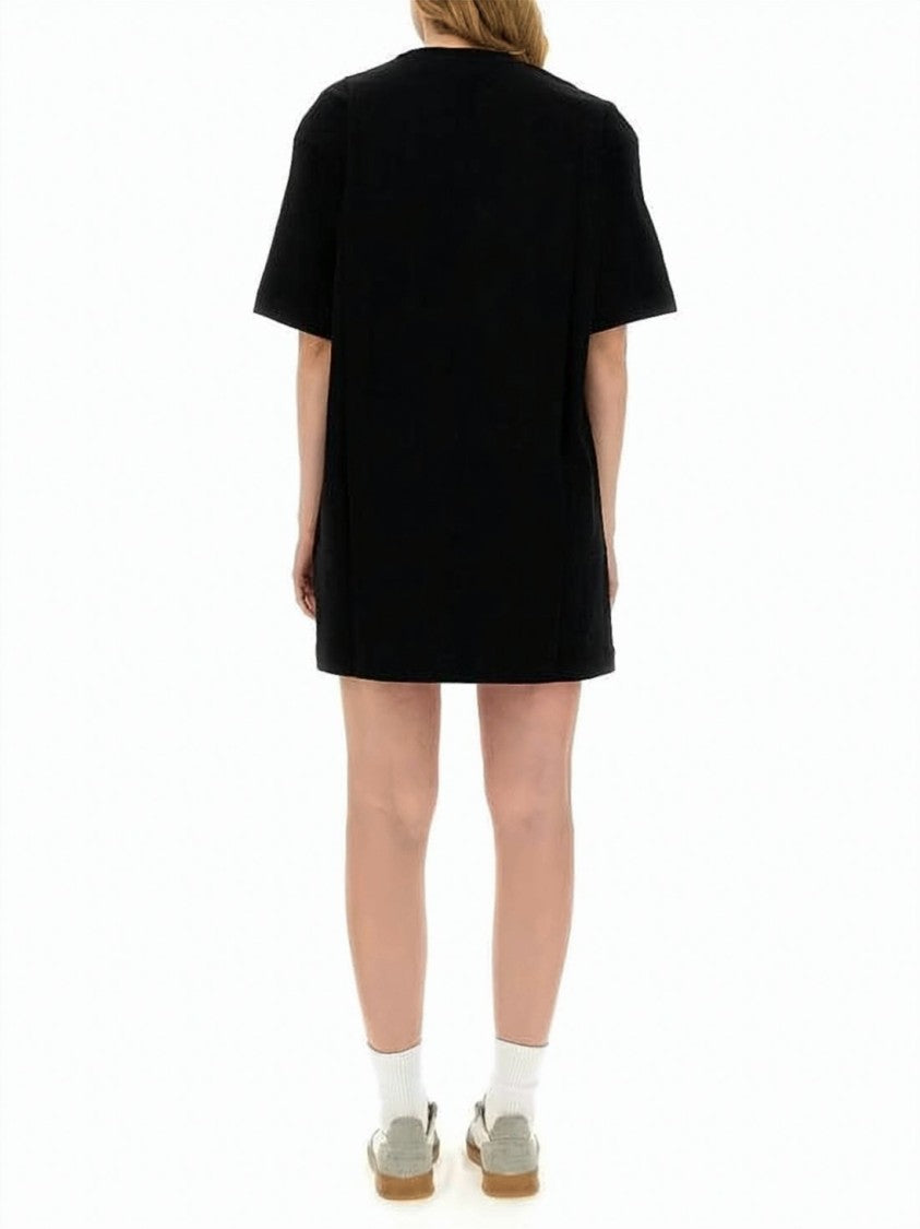Msgm Oversized Black Mini Dress With Brushstroke Lettering