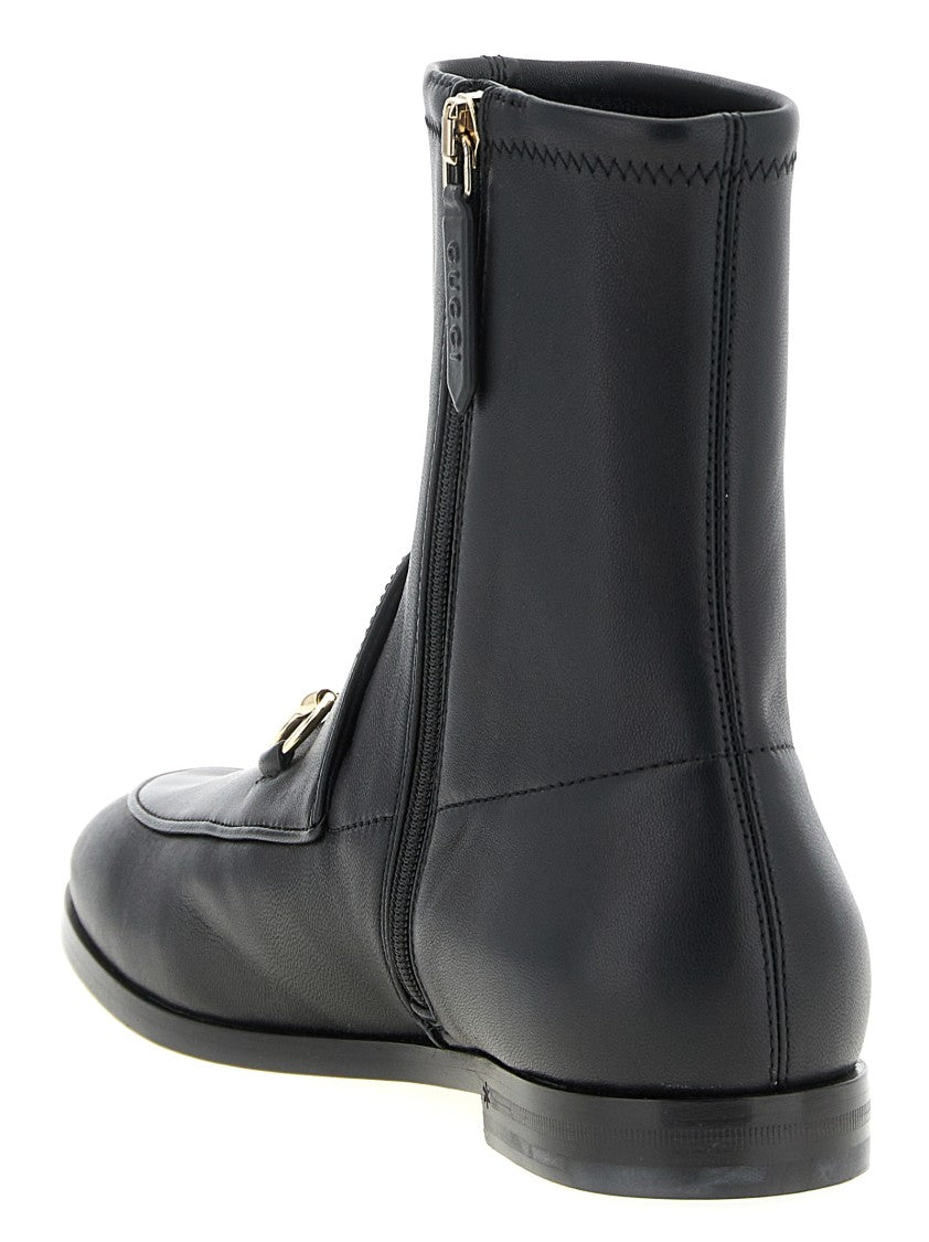 Gucci Stretch Leather Ankle Boots With Metal Clamp Detail