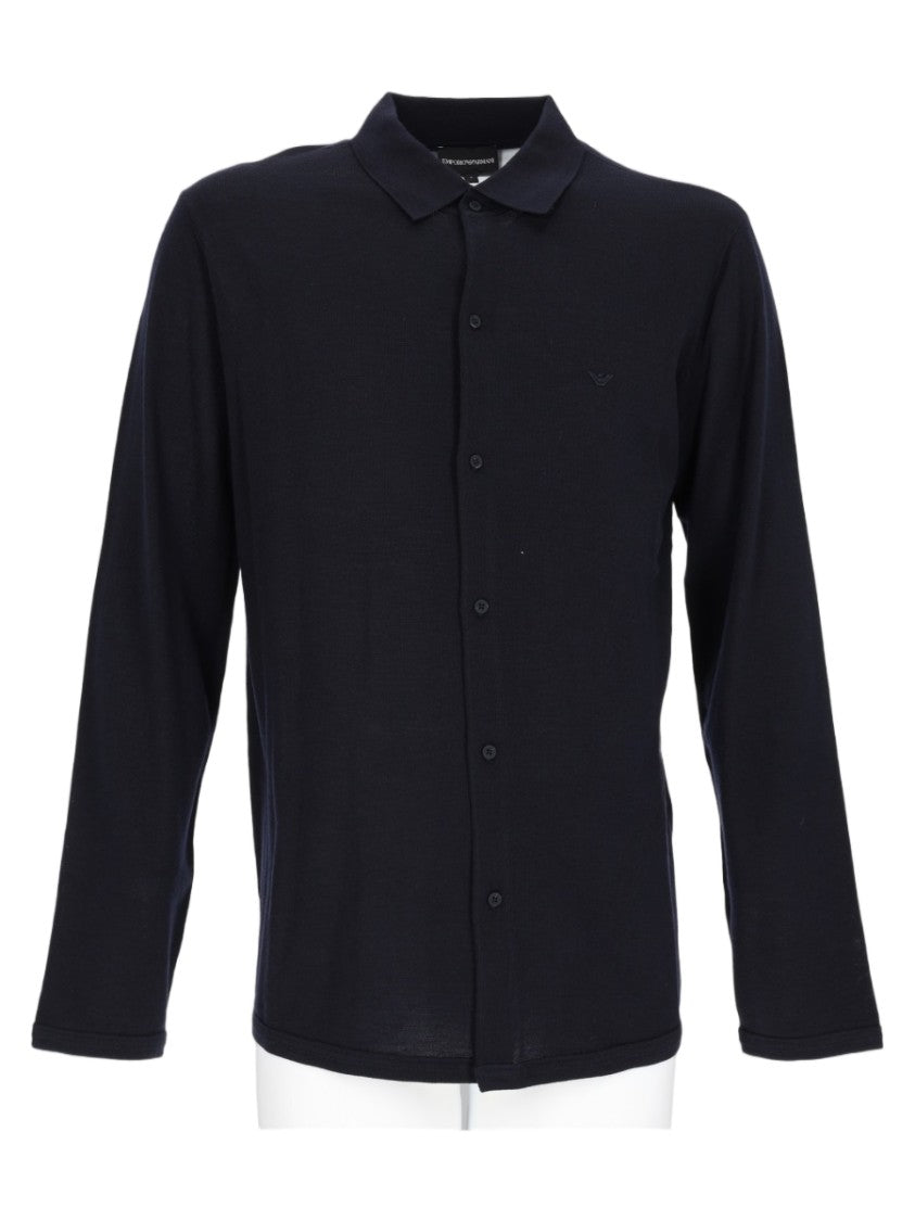 Emporio Armani Long Sleeve Button-Up Sweater With Classic Collar In Deep Blue