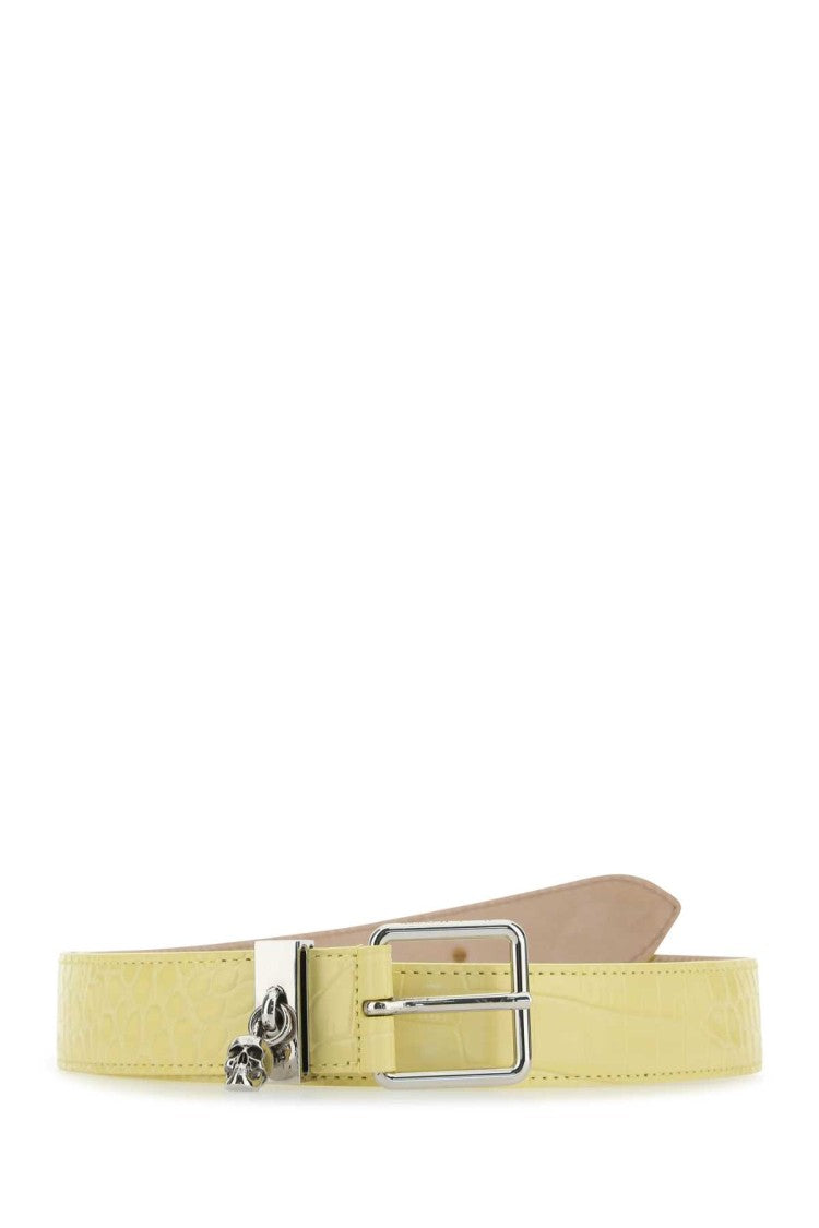 Alexander Mcqueen Textured Yellow Slim Belt With Silver Buckle