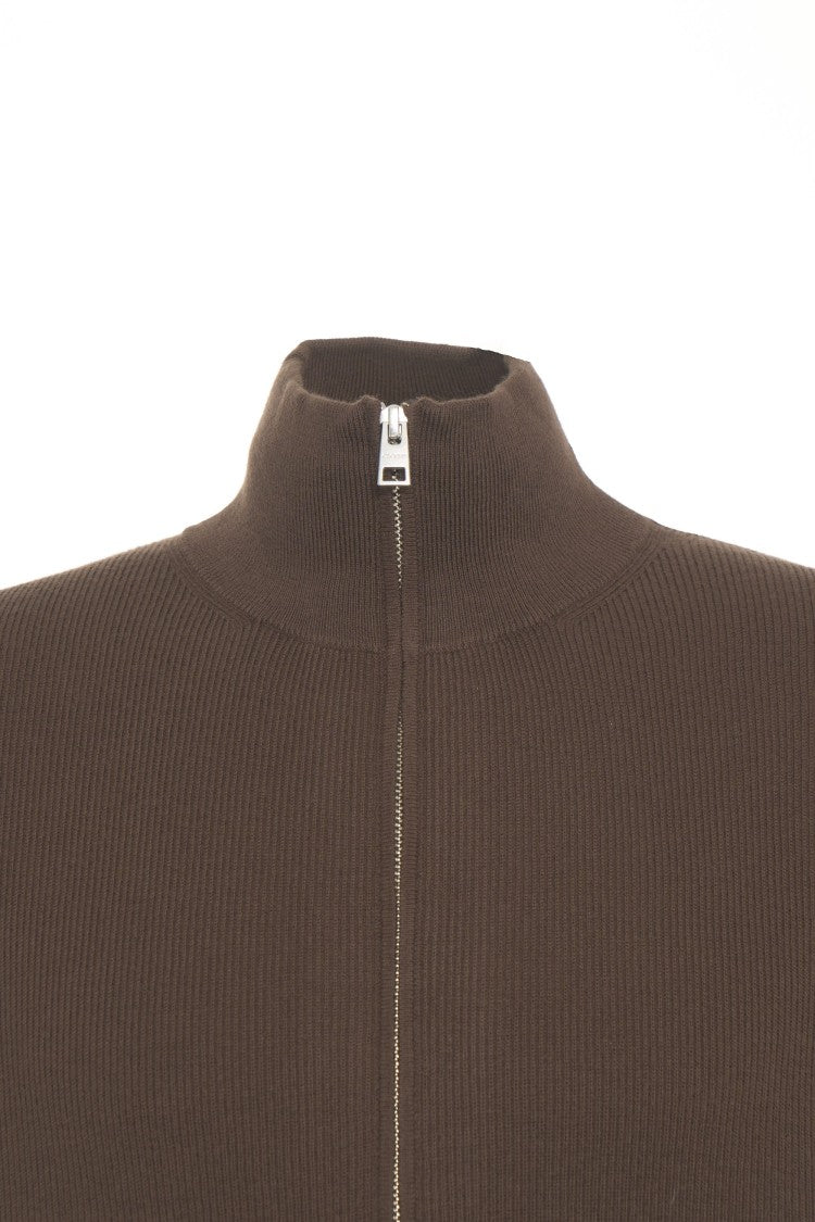 Closed High Collar Zip-Front Cardigan With Ribbed Details