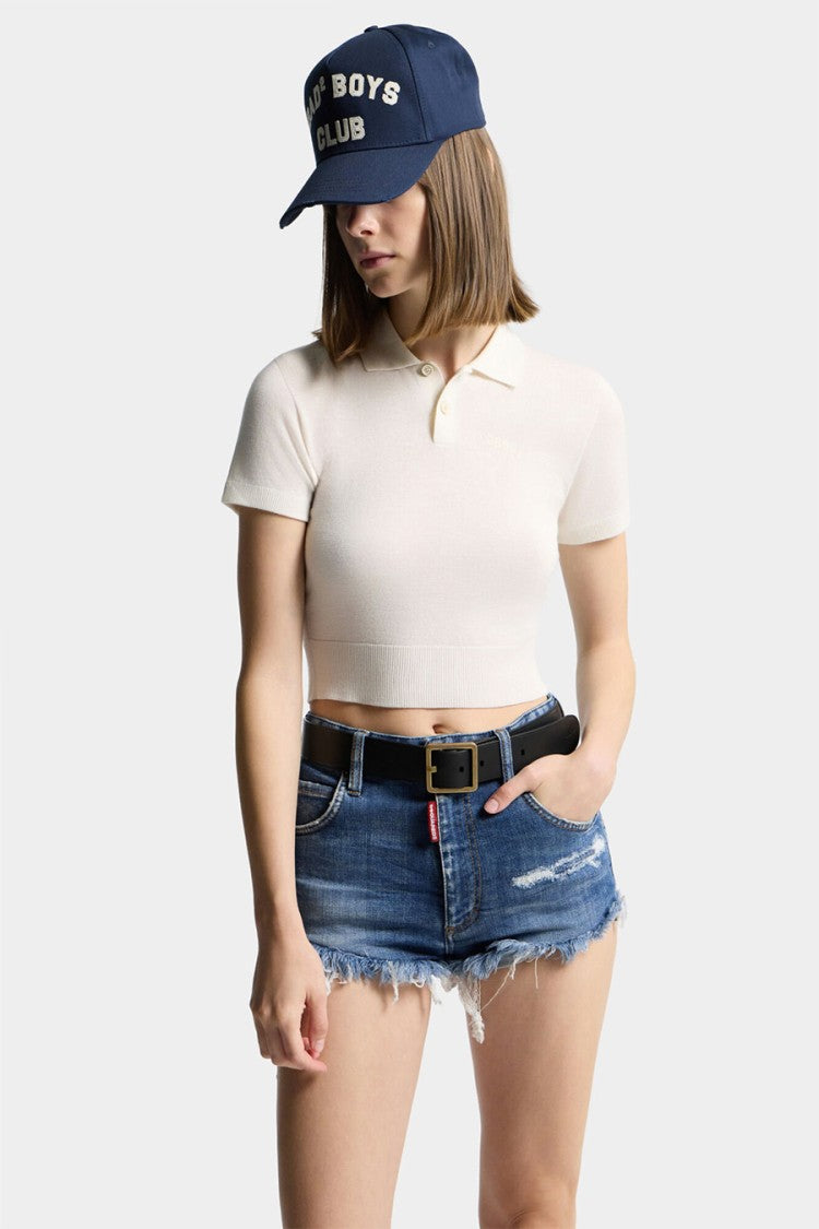 Dsquared2 White Viscose-Wool Cropped Polo Sweater