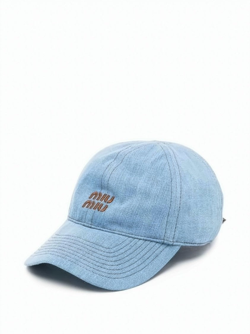 Miu Miu Light Blue Denim Cap With Curved Brim