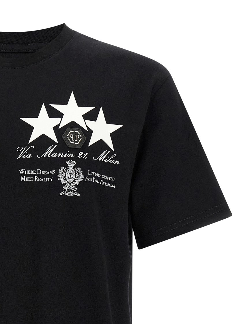 Philipp Plein Crewneck T-Shirt With Front Print And Logo Patch