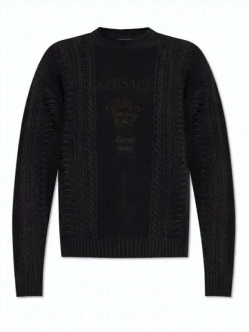 Versace Intricately Textured Black Cable Knit Sweater