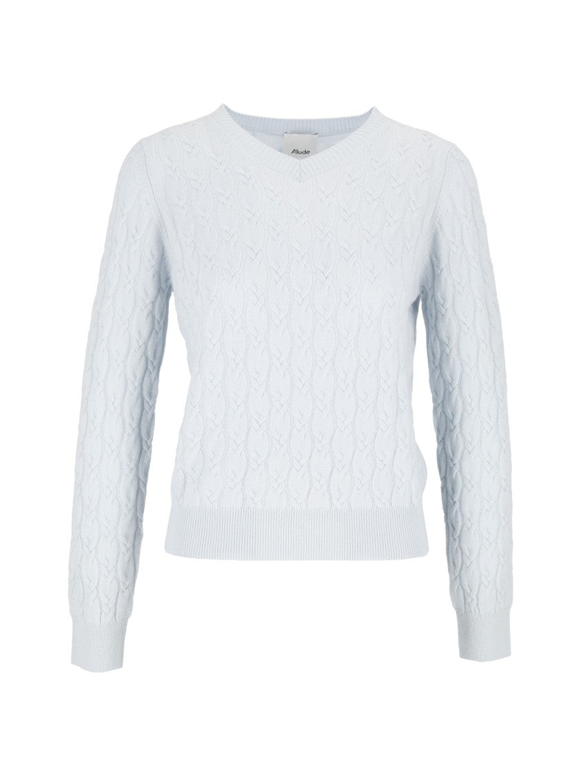 Allude Light Blue Cable-Knit V-Neck Cashmere Sweater