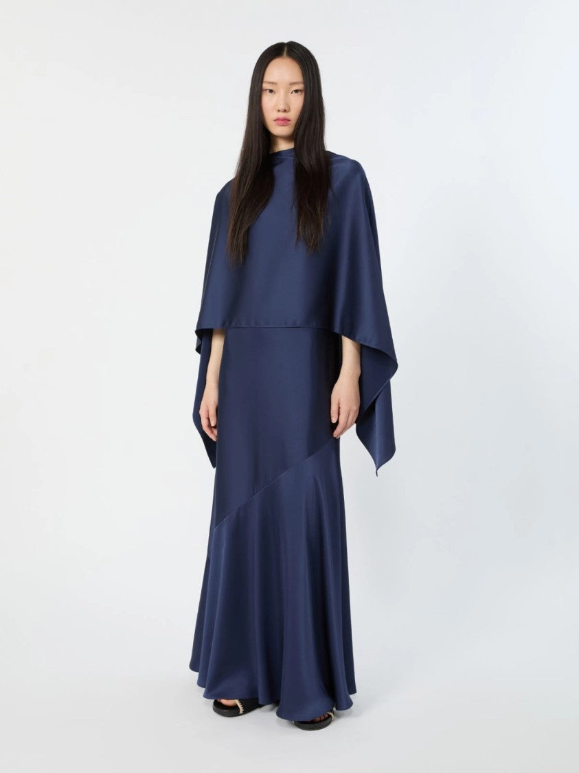 Max Mara Asymmetrical Deep Navy Maxi Dress With Draped Overlay