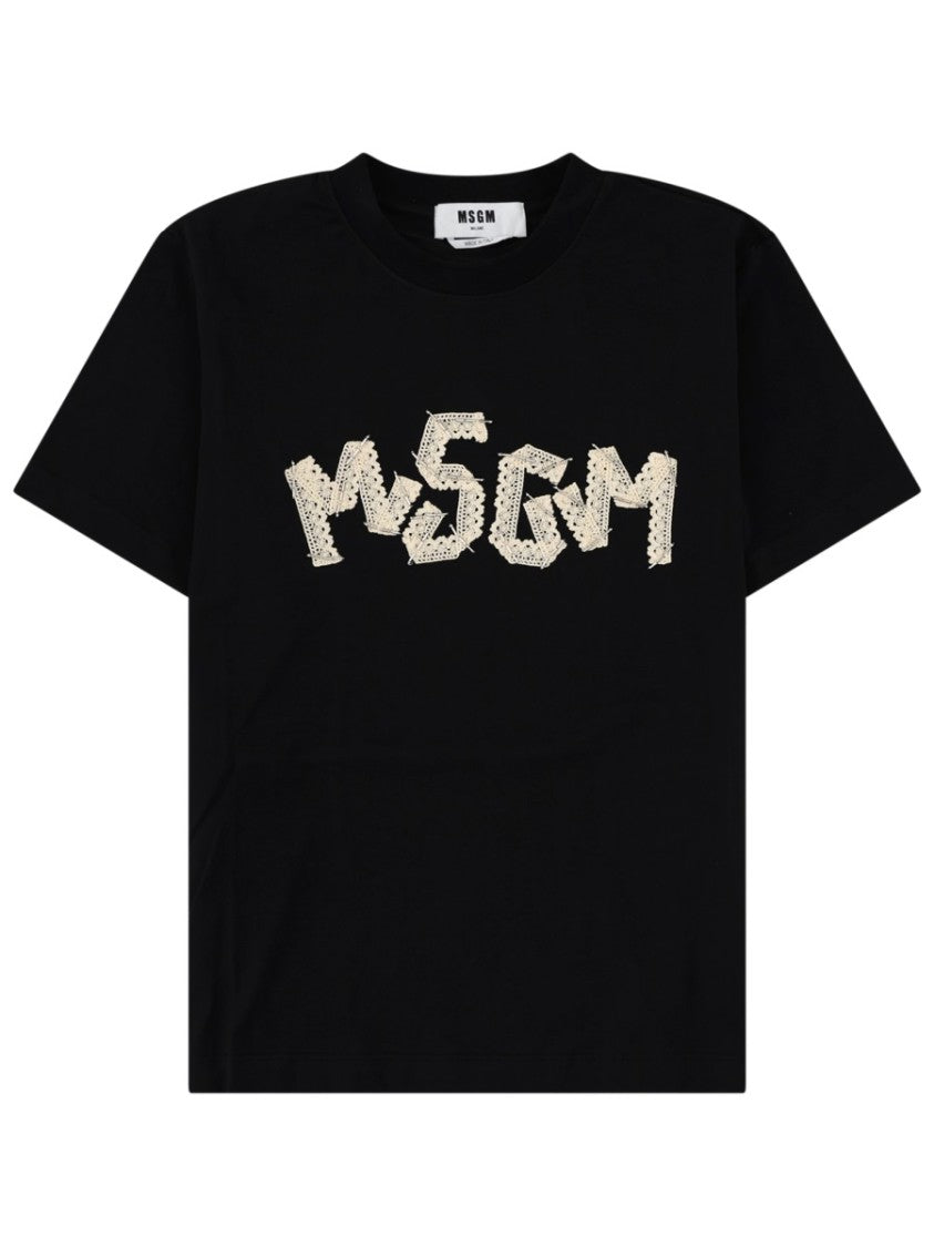 Msgm Lace Embroidered Logo Cotton T-Shirt