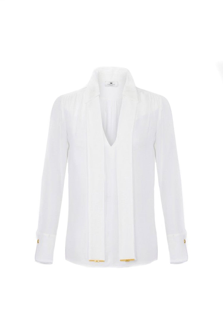 Elisabetta Franchi Ivory Sash-Tie V-Neck Gold Cuff Buttons Viscose Blouse