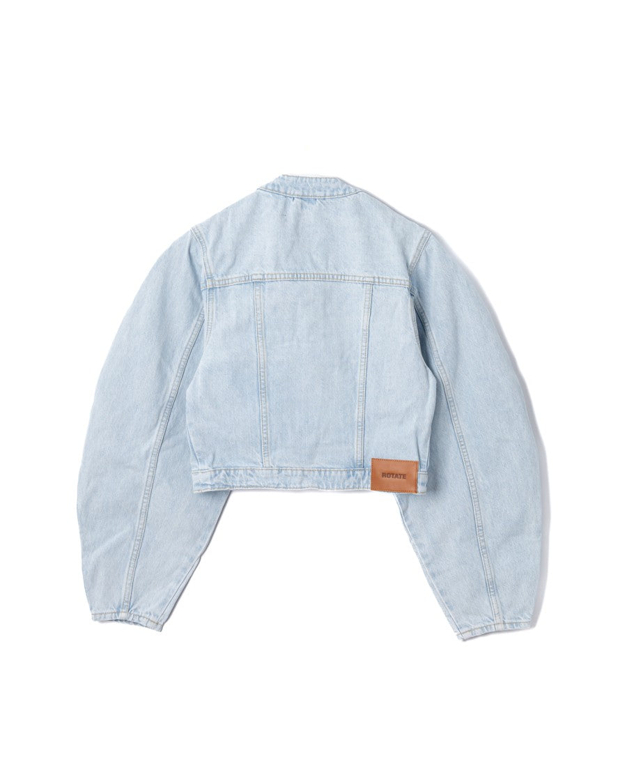 Rotate Cropped Round Sleeve Denim Jacket In Light Blue